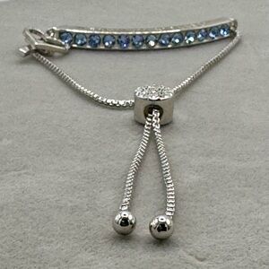 Silver and Blue Rhinestones Heart and CrossCharmsBracelet with Adjustable Slider